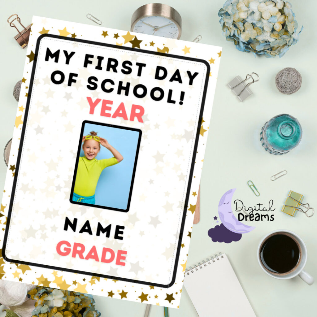 Editable My First Day of School poster bundle featuring dreamy moon motif with customizable name, grade, and date fields