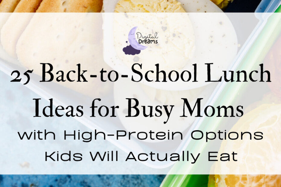 Blog header image that says “25 School Lunch Ideas for Busy Moms” in calming colors and playful fonts. Supports a blog post with realistic, high-protein lunch ideas for kids.